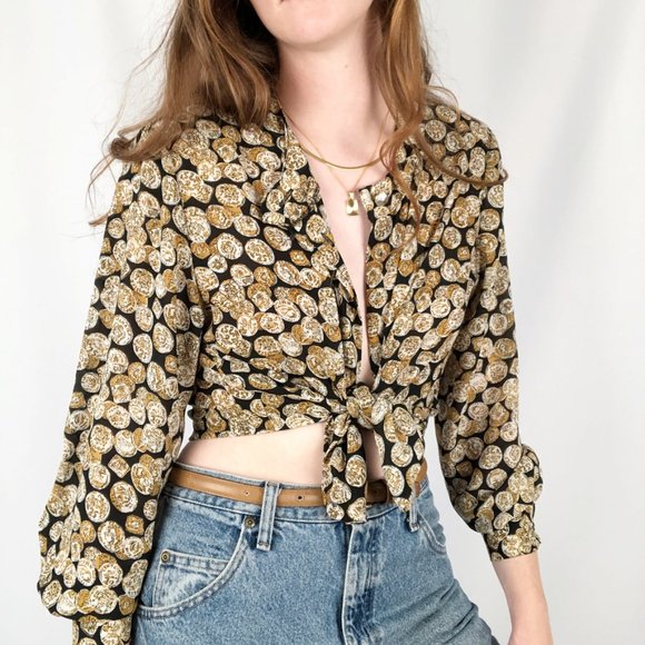 Stunning Vintage Oversized Archaeology Ancient Coin Print Button Up Blouse Shirt - Picture 2 of 6